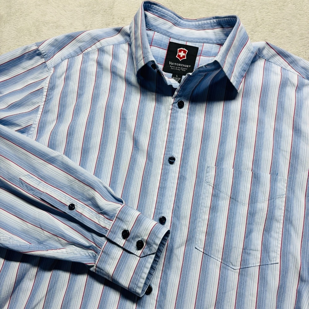Victorinox Shirt Mens L Striped Button Up Tailored Fit Stretch Casual Blue Red
